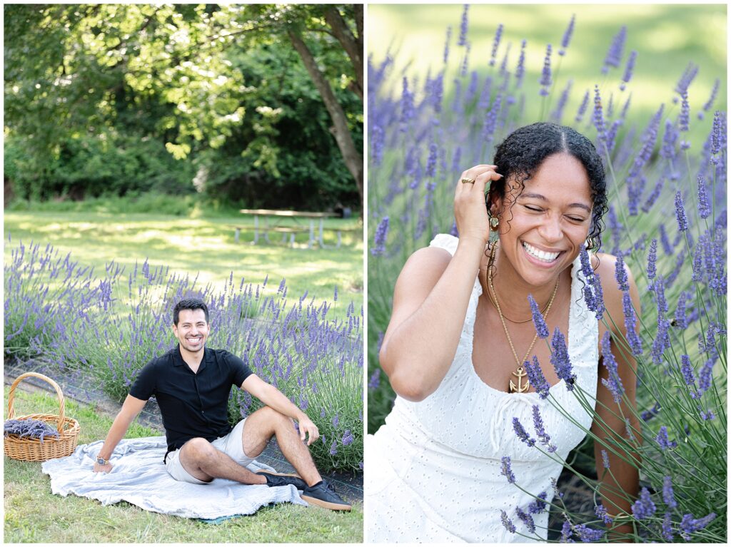 Portrait of man during Montgomery County mini session in black shirt and neutral shorts; example of simple and flattering men’s outfit for outdoor photo sessions in lavender fields paired an with Individual portrait of woman wearing sleeveless white dress during Gaithersburg lavender mini session; styling shows what to wear for summer couples photos or seasonal engagement portraits