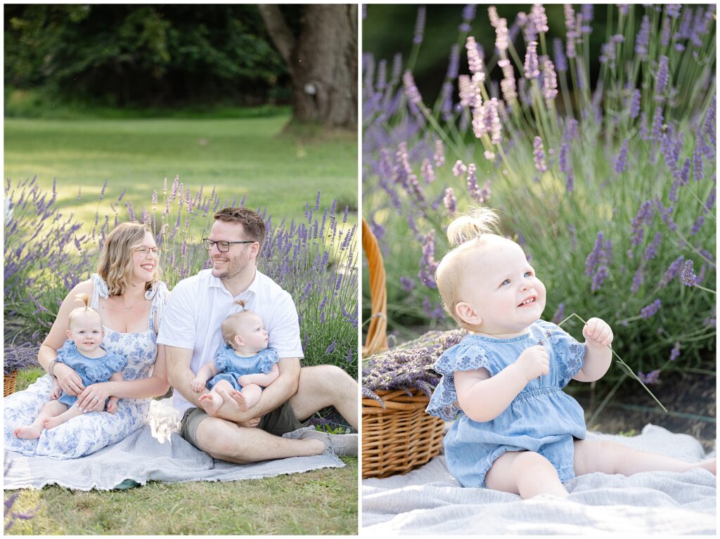 Parents sitting in lavender field at Karis Lavender Farm with one-year-old twin girls during Montgomery County mini session; blue toile dress and matching baby rompers offer timeless outfit ideas for lavender family portraits