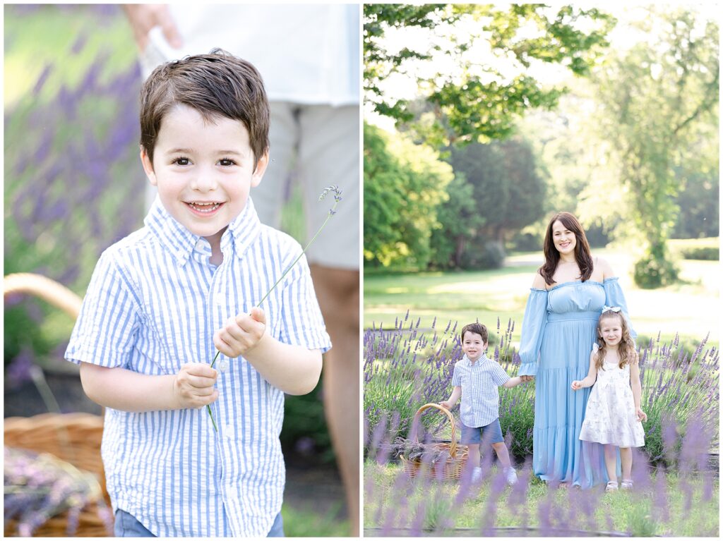 Mother with toddler and young daughter at Montgomery County mini session in lavender field; soft blue maxi dress and floral toddler outfit offer wardrobe ideas for seasonal family photos