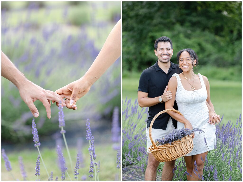 Couple holding hands in lavender field during Maryland mini session, framed by soft purple blooms; editorial-inspired pose idea for couples planning a summer photo session in natural light