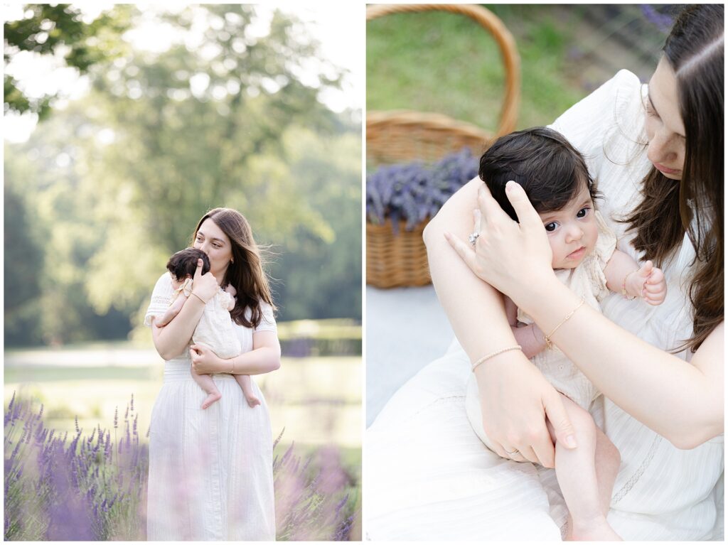 Mother cuddling infant daughter during Maryland lavender photo session; white summer dress and soft color palette offer styling ideas for postpartum-friendly mini session outfits
