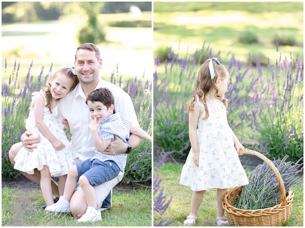 Father smiling with son and daughter during Maryland family mini session in lavender; casual white shirt and shorts provide relaxed, photogenic outfit example for dads
