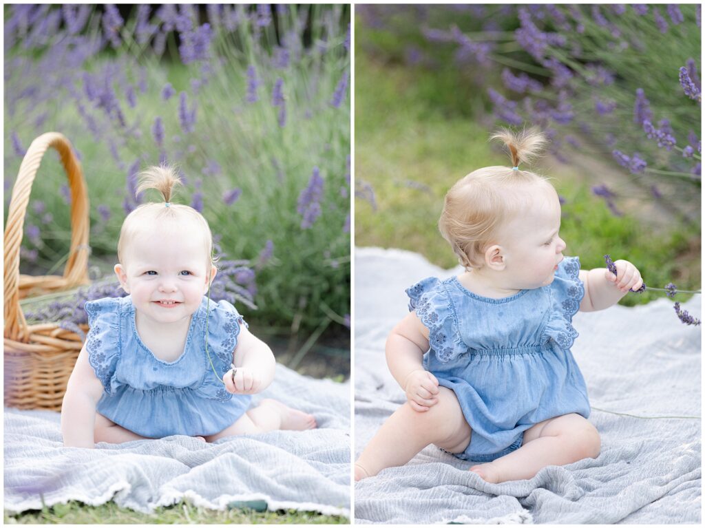 Twin baby girls sitting side by side in blooming lavender during Maryland mini session; soft blue outfits and natural light capture sweet and simple first birthday portraits