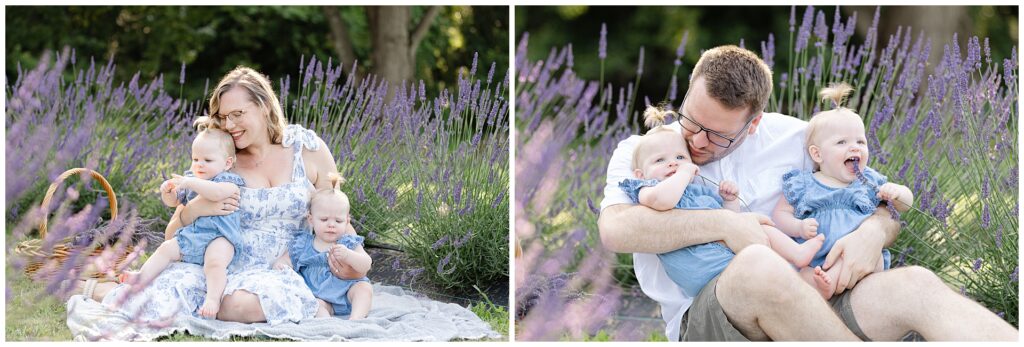 Mother holding both daughters during Gaithersburg lavender mini session; classic toile print dress and soft styling show what to wear for a summer photo session with twin babies. Second photo features Father sitting with twin girls during Montgomery County family mini session in lavender field; white shirt and relaxed pose give outfit ideas for dads during toddler milestone photos