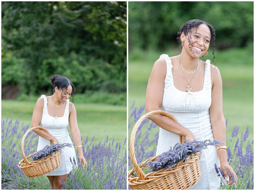 Individual portrait of woman wearing sleeveless white dress during Gaithersburg lavender mini session; styling shows what to wear for summer couples photos or seasonal engagement portraits