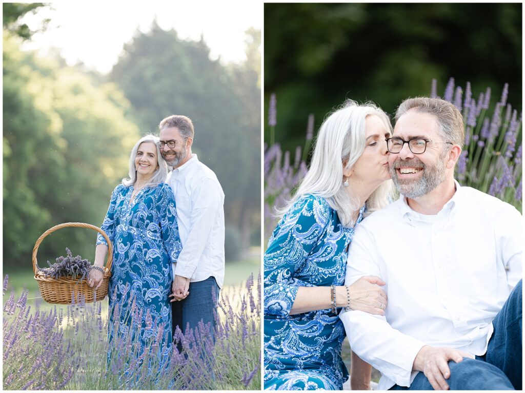 Romantic pose of newlyweds leaning into each other at Karis Lavender Farm; soft background and natural light show how to create intimate portraits during summer couples mini sessions in Maryland