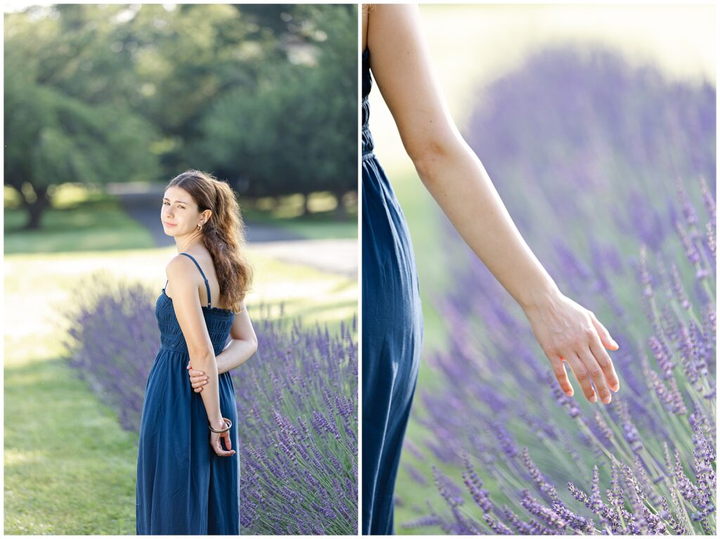 Family walking through lavender field during Gaithersburg mini session at Karis Lavender Farm, with toddler leading the way and baby in arms; mom wears white linen dress, a perfect example of what to wear for a summer family photo session
