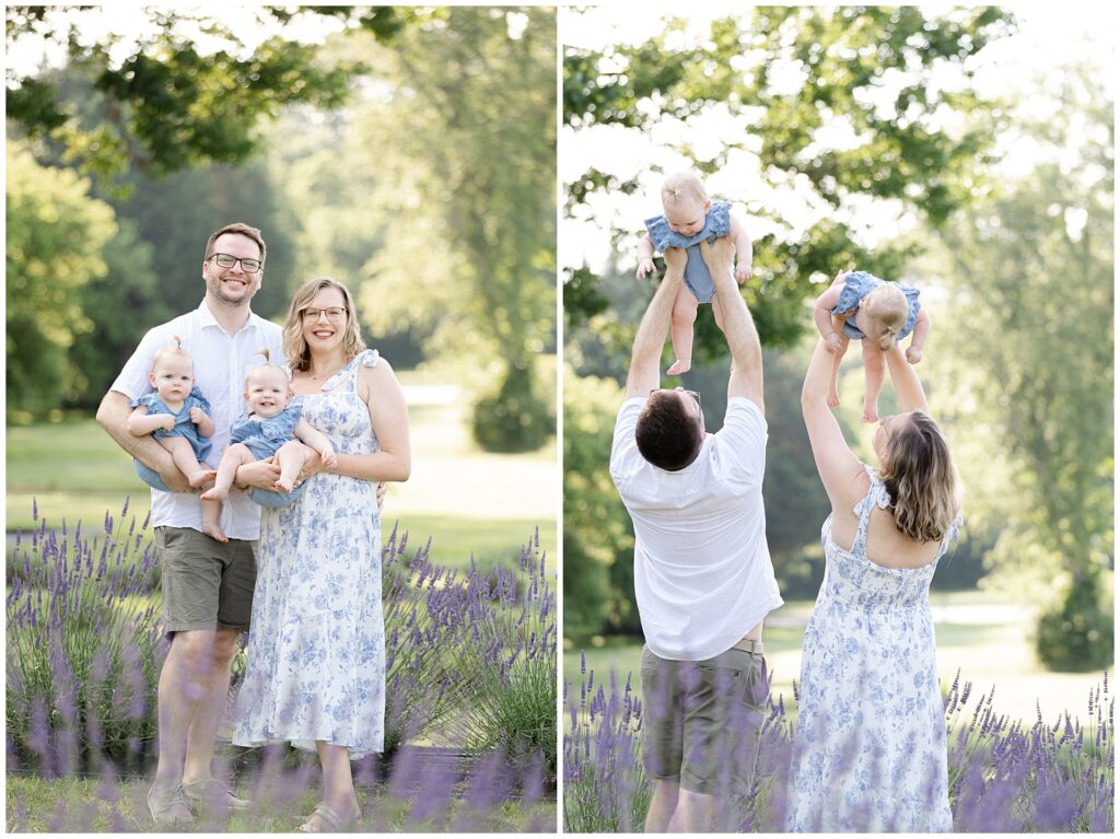 Parents and twin toddlers laughing during lavender mini session at Karis Lavender Farm; relaxed posing and coordinated family styling highlight authentic, light and airy summer portraits