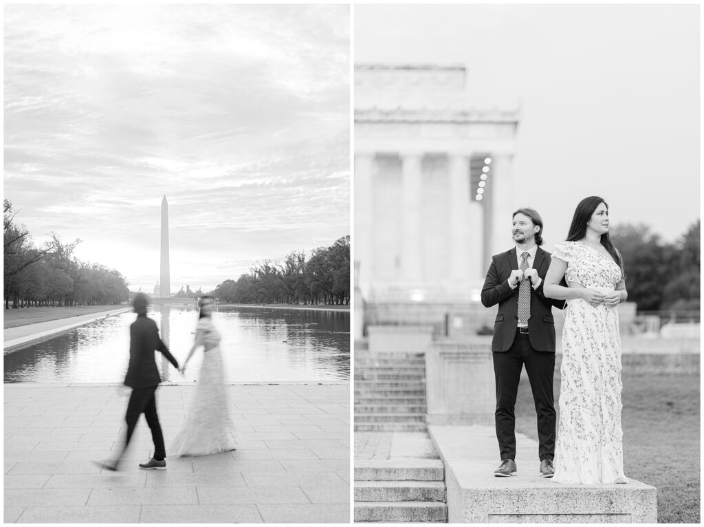 Motion blur photo of couple at sunrise along the Reflecting Pool with the Washington Monument in the background during their DC engagement session.