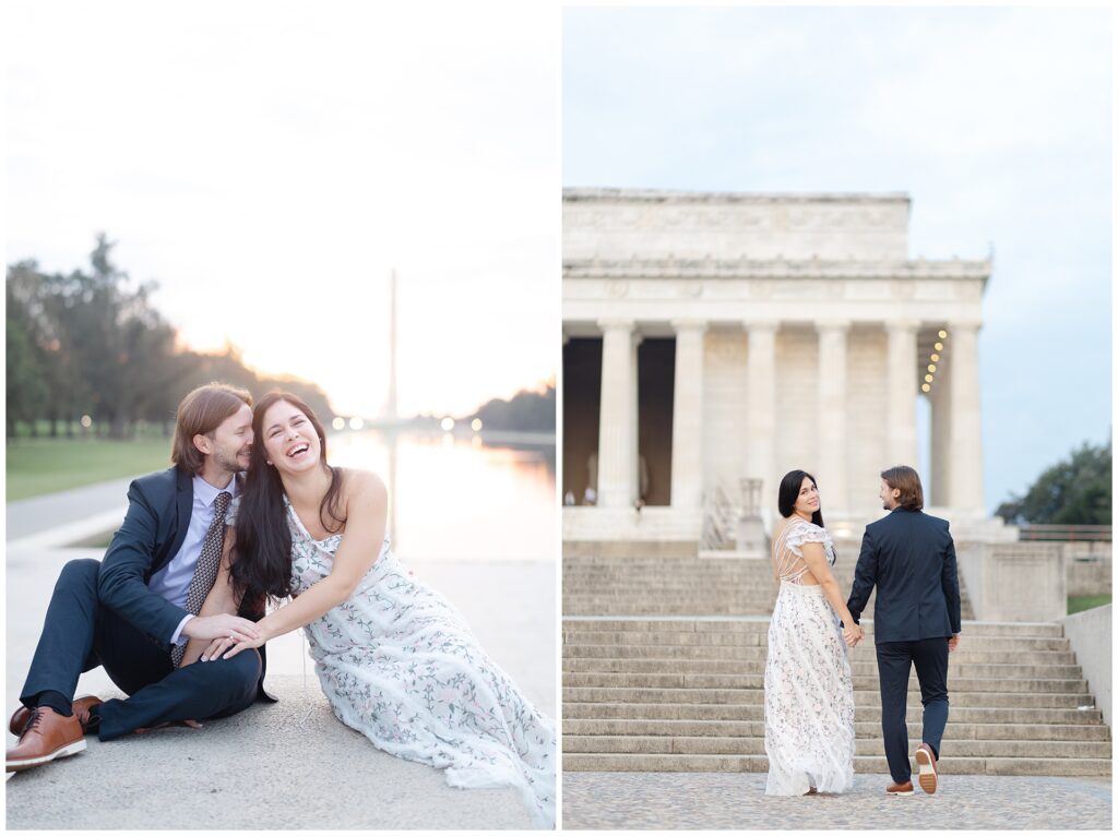 Couple standing near the steps of the Lincoln Memorial during sunrise, dressed in elegant neutral tones for their DC engagement portraits.
