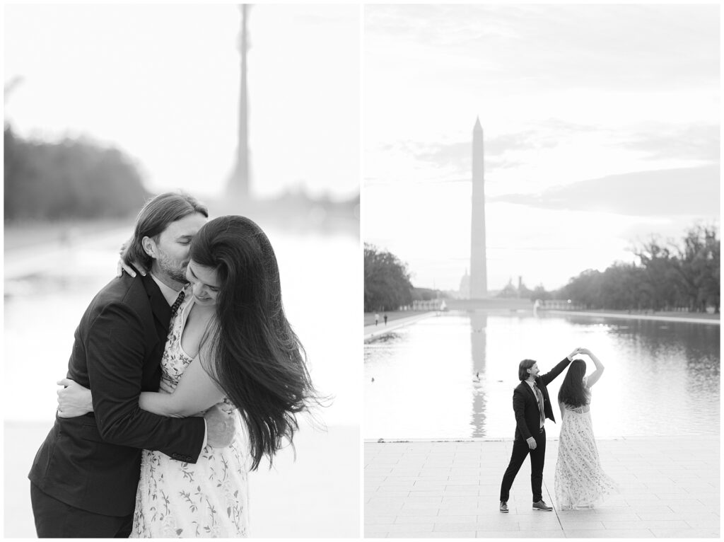 Motion blur engagement photos at Washington DC engagement session at the Reflecting Pool during sunrise, part of a photographer’s guide to planning monument engagement photos.