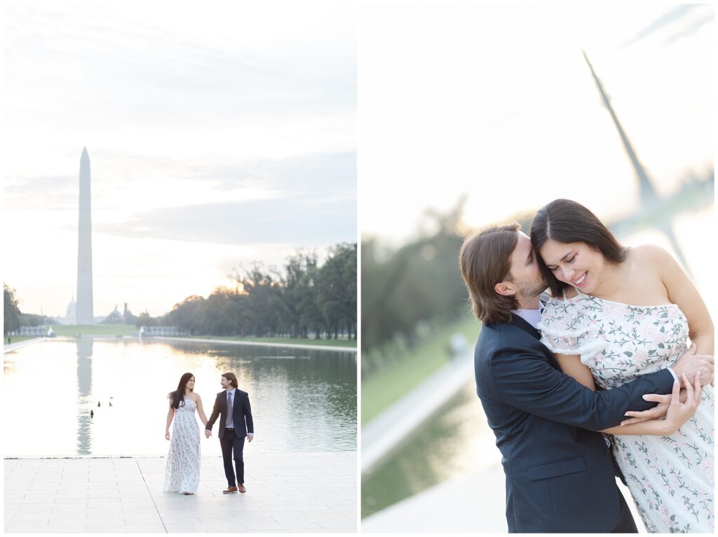 Engagement photos featuring the bride-to-be in a white floral embroidered dress and groom-to-be in a suit, at the Lincoln Memorial in Washington DC, showing classic monument portraits from a local photographer’s engagement session guide.