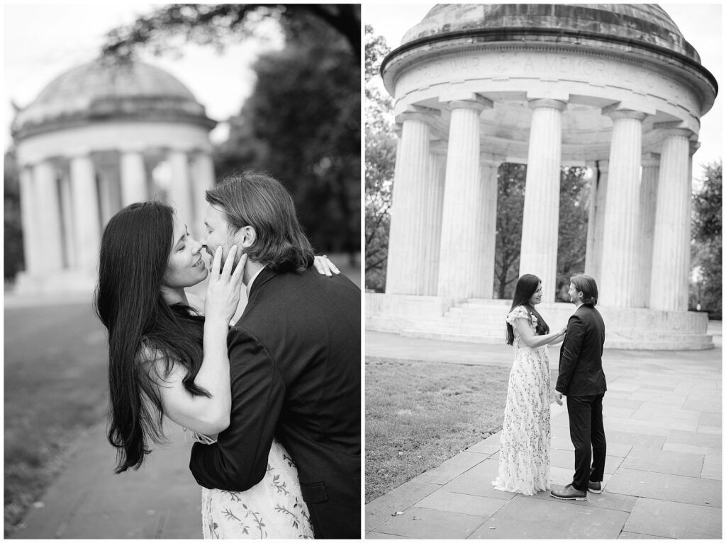 Documentary candid of couple in front of domed Ash Wood War Memorial, surrounded by trees in soft morning light
