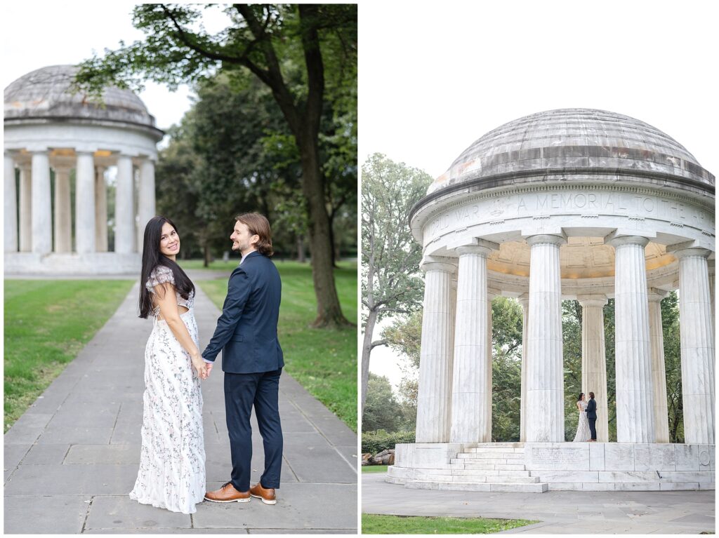 DC engagement portraits at the Ash Wood War Memorial, part of a sunrise session itinerary between the Lincoln and Jefferson Memorials