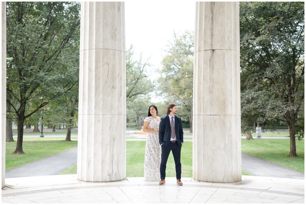 DC engagement portraits at the Ash Wood War Memorial, part of a sunrise session itinerary between the Lincoln and Jefferson Memorials