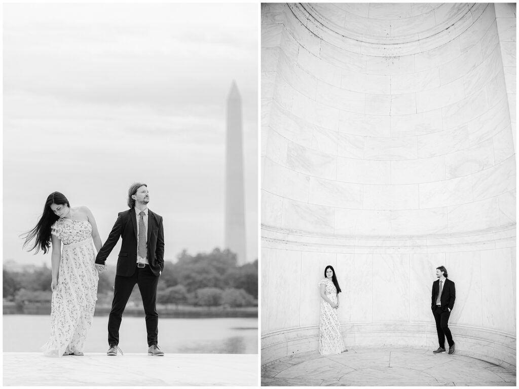 Editorial black and white image at Jefferson Memorial engagement session in Washington DC, featuring timeless monument portraits from a local photographer’s planning guide