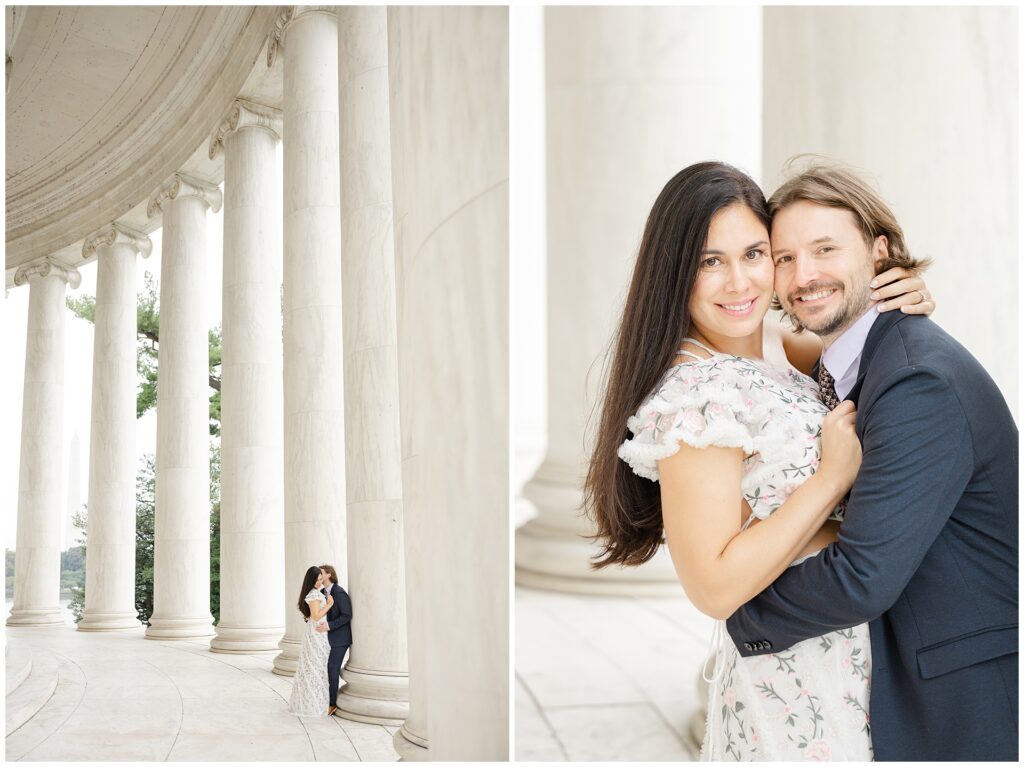 Couple standing between the columns of the Jefferson Memorial with soft sunrise light.