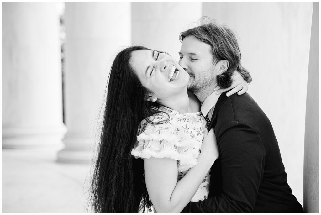 Couple candidly laughing during their Washington  DC engagement session