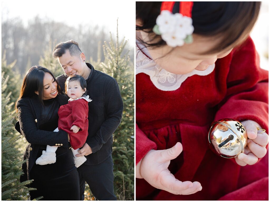 Christmas tree family photos in Maryland at a Gaver Farm in Frederick, featuring parents and baby outdoors