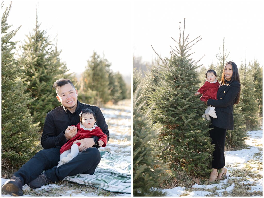 Father holding baby during Christmas tree family photos at a Gaver Farm Maryland Christmas tree farm