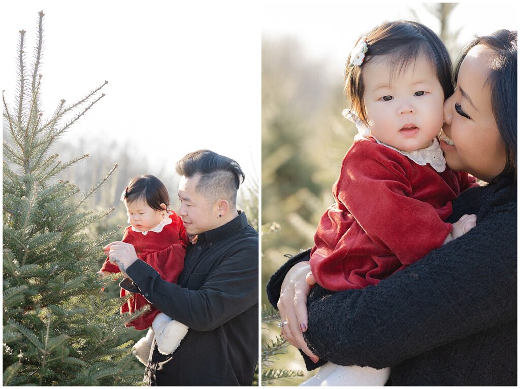 Mother and baby photographed during Christmas tree mini session in Maryland