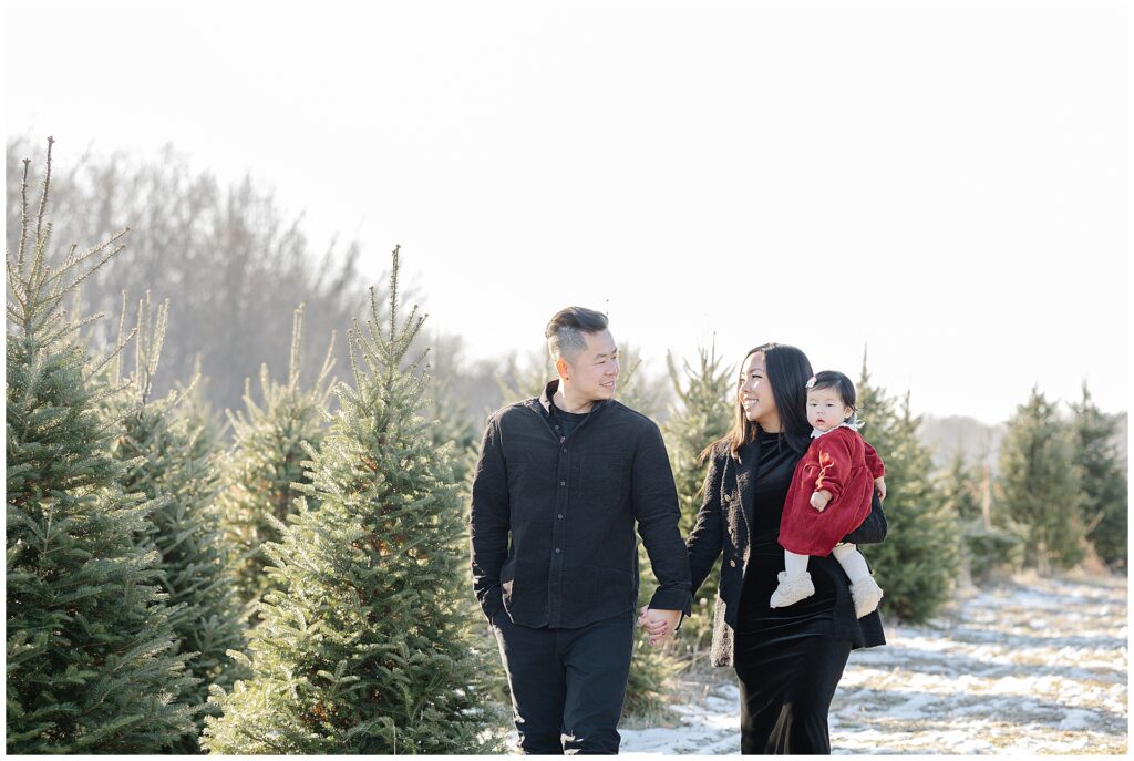 Maryland Christmas tree mini session style family photos at a Christmas tree farm featuring parents and baby. This image reflects the look and feel of holiday family photos taken at a Maryland tree farm.