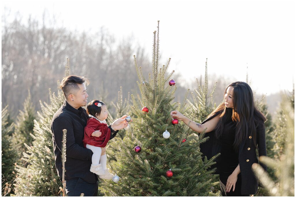 Family photographed together at a Christmas tree farm in Frederick Maryland during a holiday portrait session. These Christmas tree family photos capture a timeless winter setting with natural evergreens.
