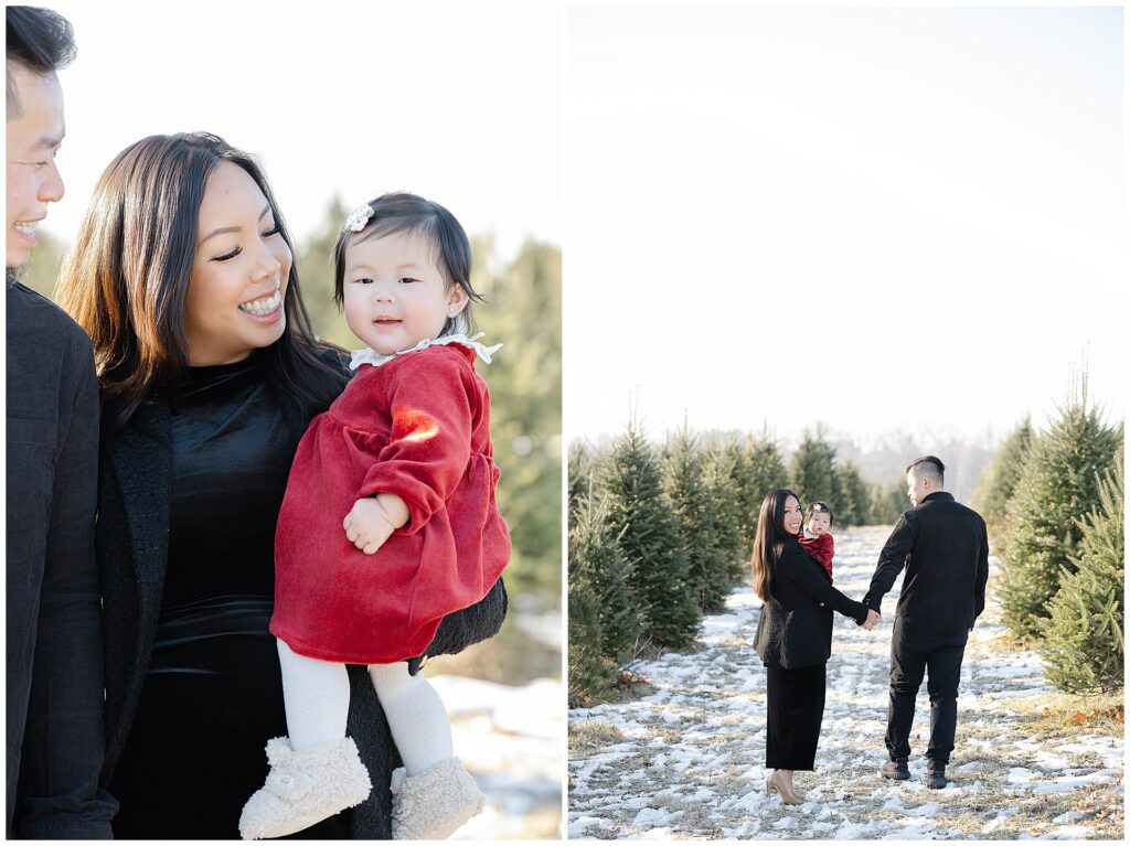 Family portrait photographed at Gaver Farm, a Christmas tree farm in Frederick Maryland, surrounded by rows of evergreens. These Maryland Christmas tree family photos showcase a natural outdoor holiday setting.