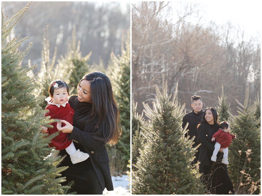 Holiday family photos taken at a Maryland Christmas tree farm with parents and baby together outdoors. This session highlights the classic look families love for Christmas tree family photos in Maryland.