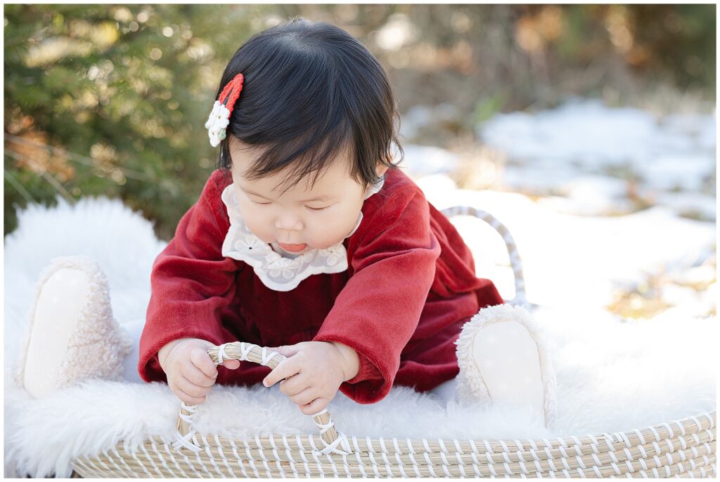 7 month old baby at a Christmas tree mini session in Frederick Maryland photographed at a local tree farm during the holiday season. This image reflects the style of Maryland Christmas tree mini sessions and full family portrait sessions.