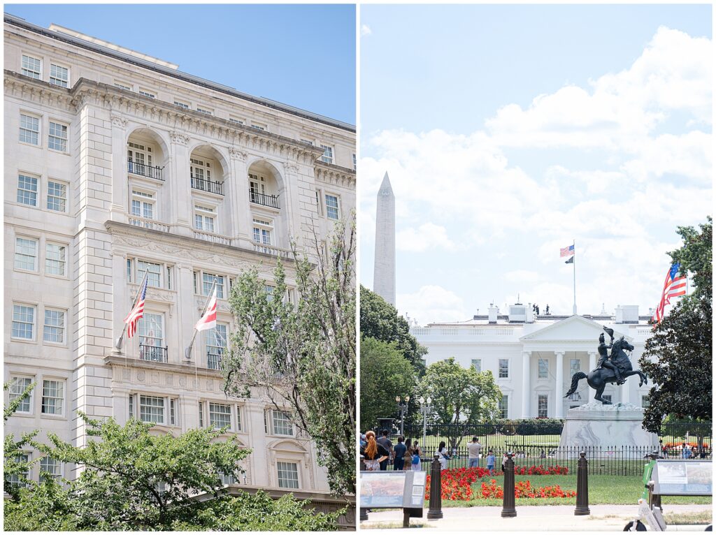 Exterior view of the Hay-Adams wedding venue in Washington DC with the White House in the background