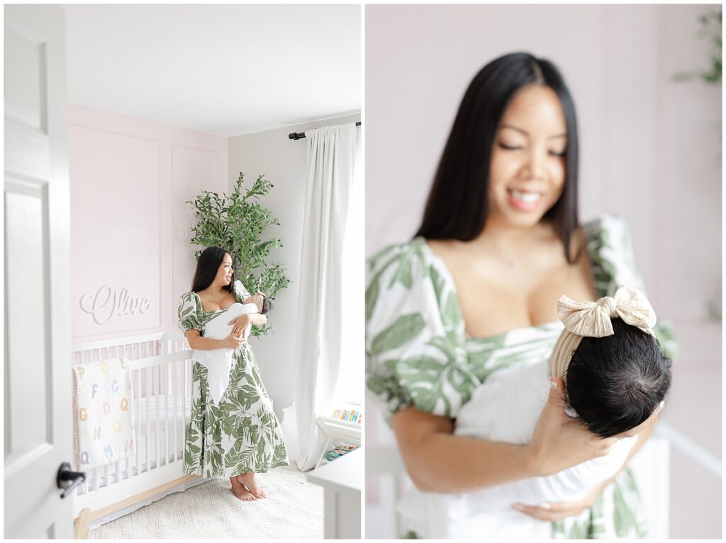 Mother holding newborn during an in-home newborn session in Ashburn Virginia nursery