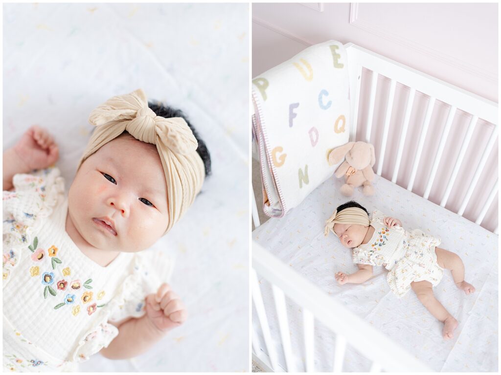 In-home newborn photography in Ashburn Virginia with baby in crib featuring a Pottery Barn Alphabet Blanket