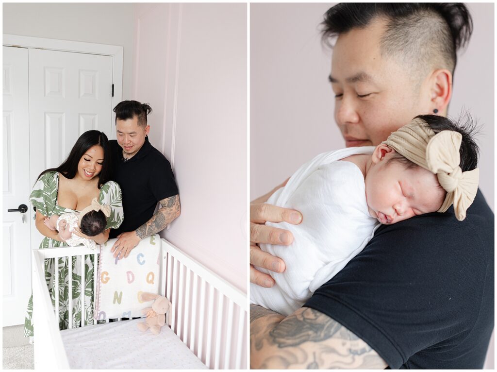 Father holding newborn during an in-home newborn session in Ashburn Virginia nursery