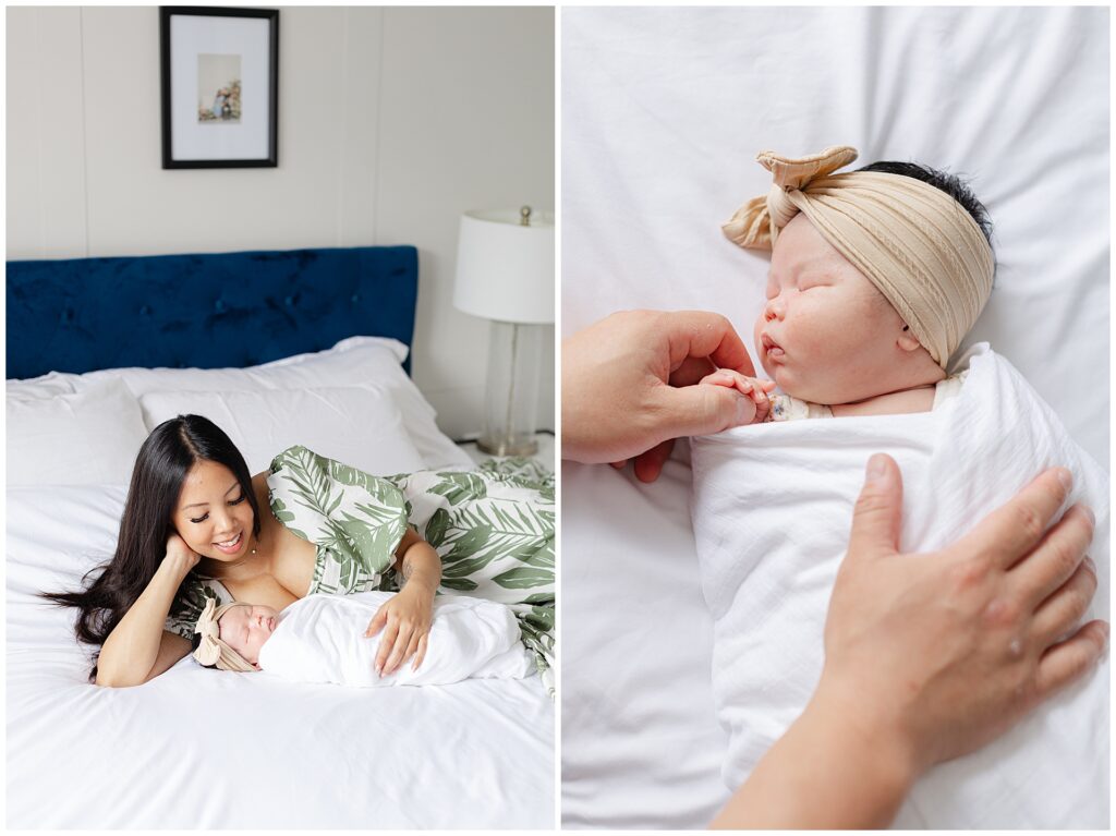 Mother holding newborn during an in-home newborn session in Ashburn Virginia bedroom