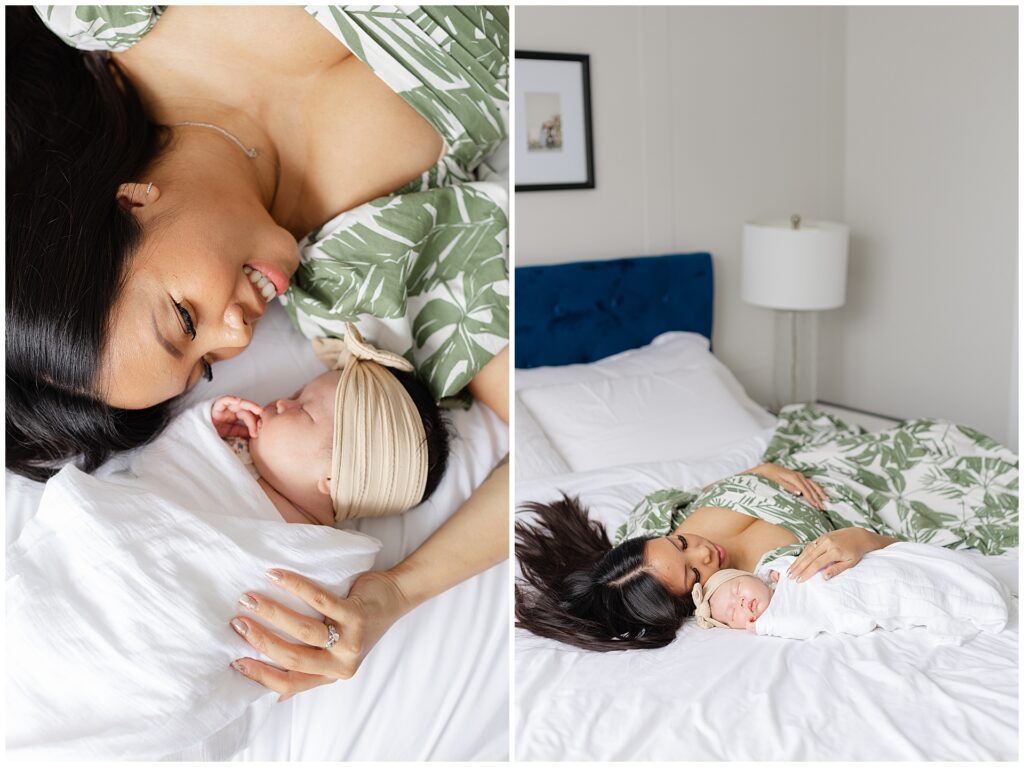 Mother resting with newborn during an in-home newborn session in Ashburn Virginia bedroom