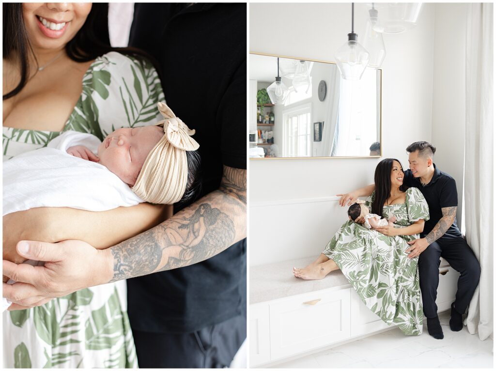 Close-up of parents holding newborn during an in-home newborn session in Ashburn Virginia. 
Family photographed in kitchen during an in-home newborn session in Ashburn Virginia