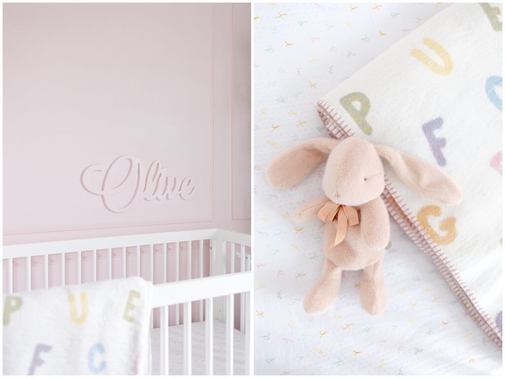 Pink nursery wall and bunny rabbit on Pottery Barn alphabet blanket photographed during an in-home newborn session in Ashburn Virginia