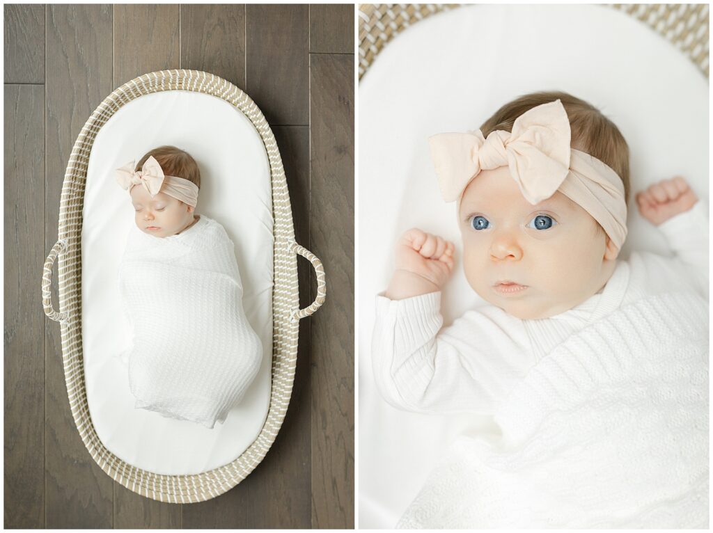 2 month baby girl in a bassinet during her Arlington Virginia Newborn session. 