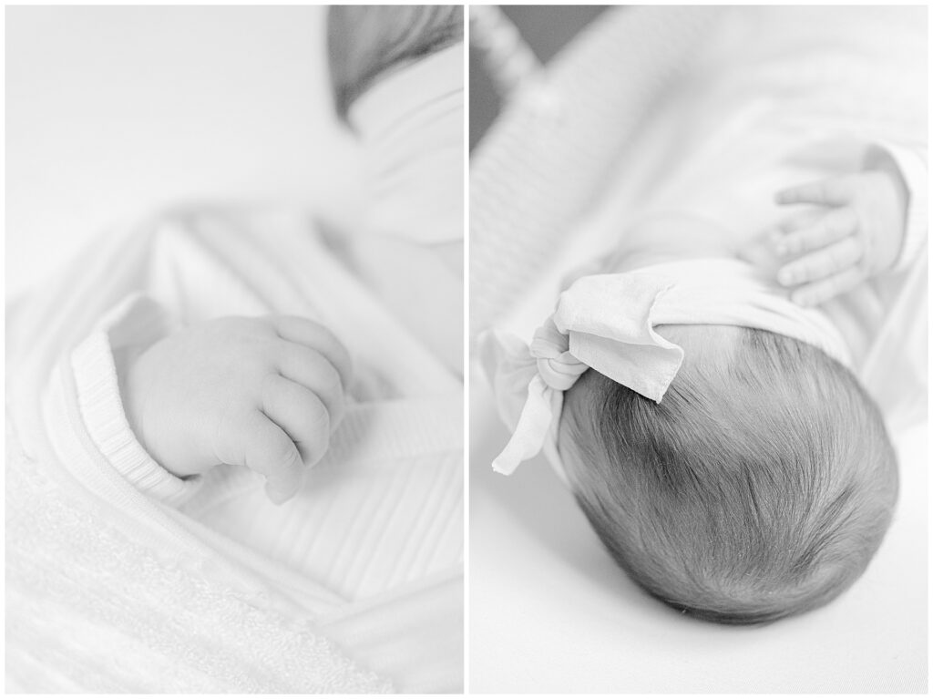 Close up details of 2 month old baby during her newborn session.