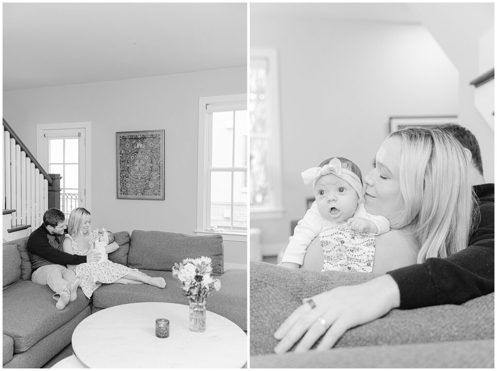 Parents cuddling on the couch with their newborn in Northern Virginia