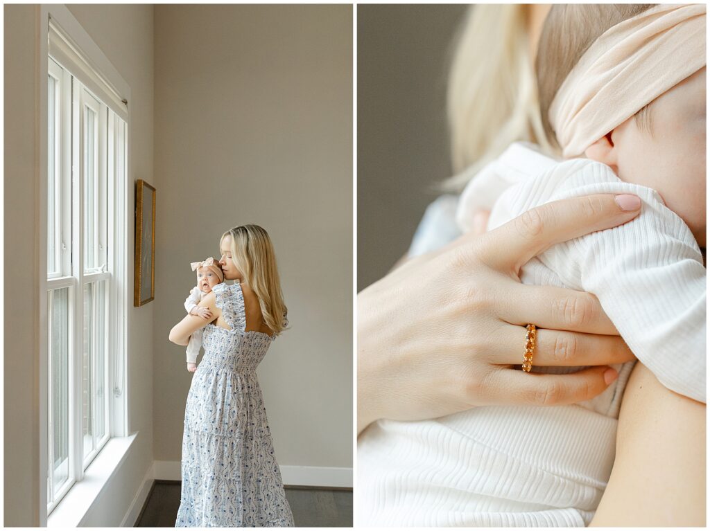 Mother in a white and blue dress holds her baby girl in one photo. In the second, a close up of her topaz ring as she cradles her baby to her chest.