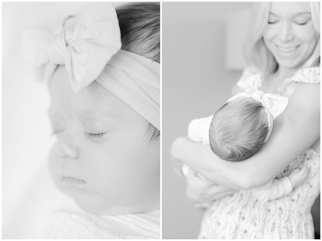 Close up black and white of the baby's eyelashes and cheeks. I the other photo, mom cradles her close.