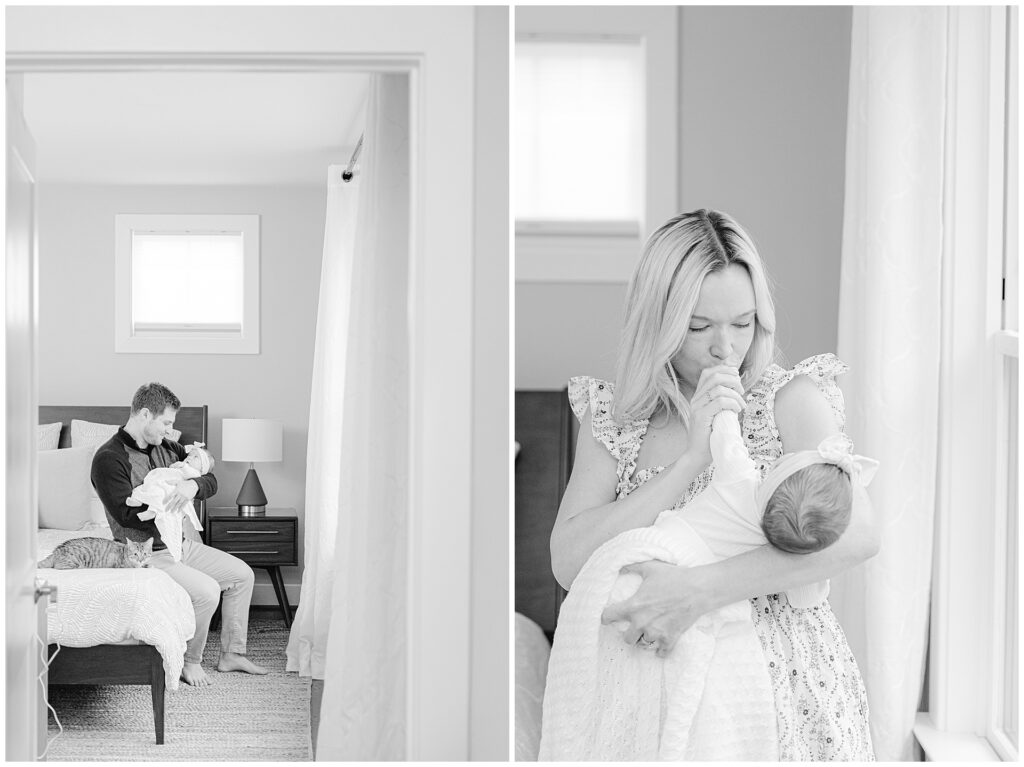 A black and white photo shows dad holding his baby girl on their bed, with their cat sitting close. The second photos, mom kisses her baby's hand