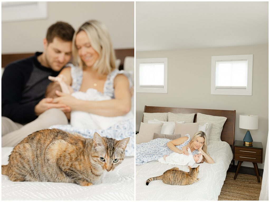 Mom in a white and blue floral dress  holds her baby girl in their newborn home session, in Virginia. Her husband cuddles with her on their bed with their cat in the foreground. IN the second image, mom lays on the bad with her baby