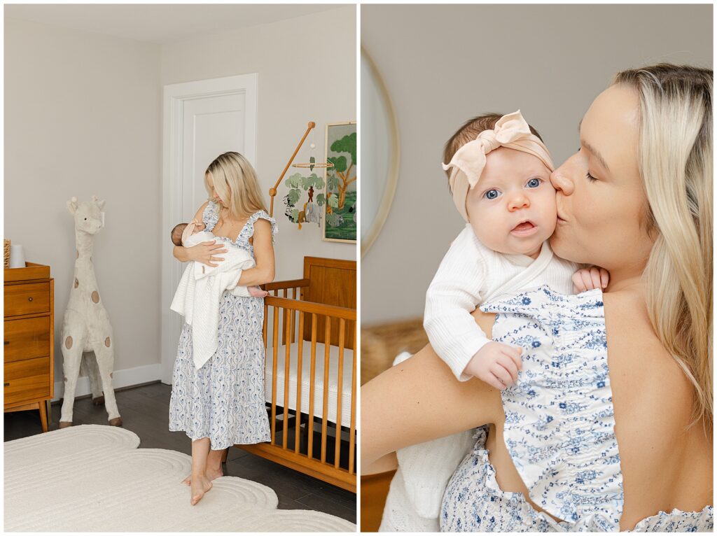 Mom in a white and blue floral dress  holds her baby girl in their newborn home session, in Virginia