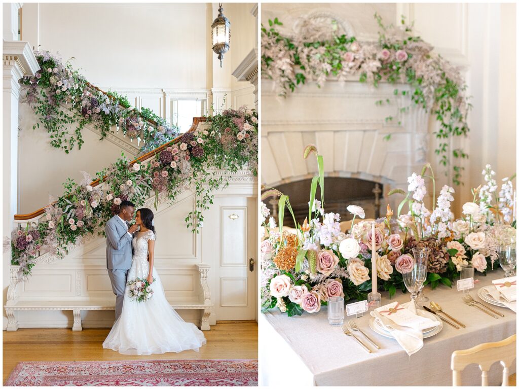 African American wedding couple photographed in the Great Hall at Cairnwood Estate in Bryn Athyn, Pennsylvania, standing at the base of the grand staircase with a floral installation of mauve, lavender, and cream roses climbing the banister, paired with a close-up of romantic wedding table décor. This image highlights elegant design details and the versatility of the Great Hall for a Cairnwood Estate wedding near Philadelphia.