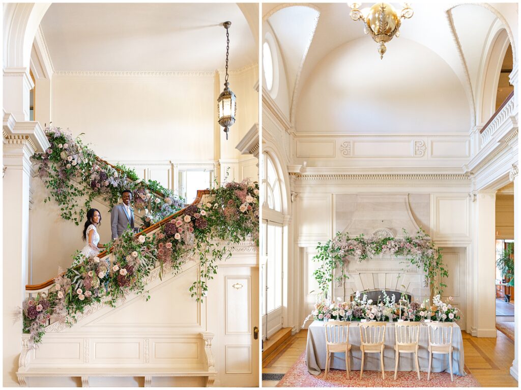 African American wedding couple walking up the sweeping staircase in the Great Hall at Cairnwood Estate, with a full view of a styled head table set in front of the stone fireplace in mauve, lavender, and cream tones. This image illustrates how the Great Hall can be used for intimate wedding receptions or rehearsal dinners at a historic Pennsylvania estate wedding venue.