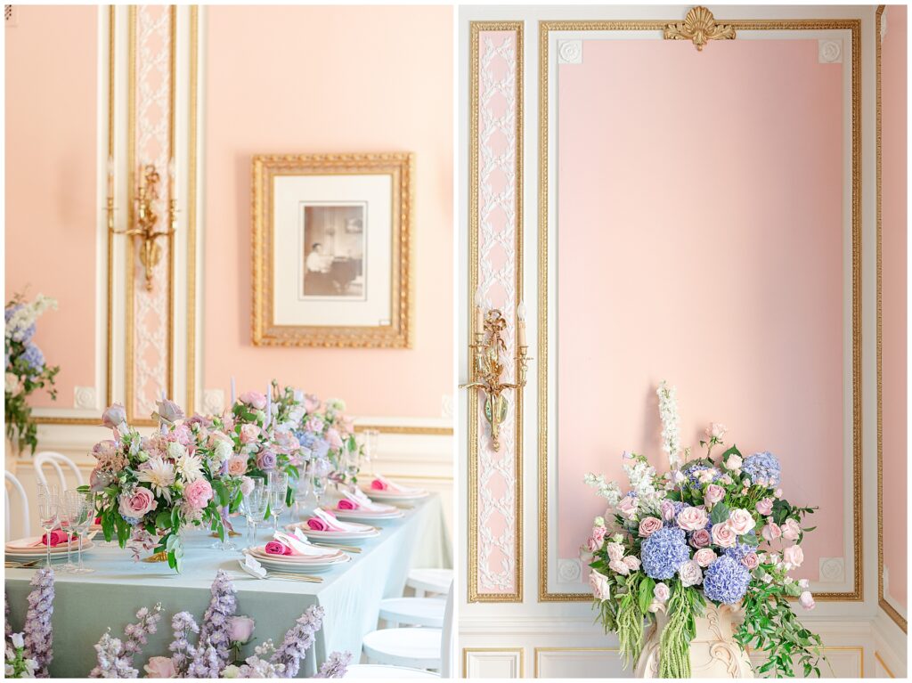 Close-up details of the Music Room at Cairnwood Estate featuring gold trim molding, layered floral arrangements in bright pink and purple tones, and refined styling ideal for an intimate Philadelphia bridal shower or baby shower at a Pennsylvania estate venue.