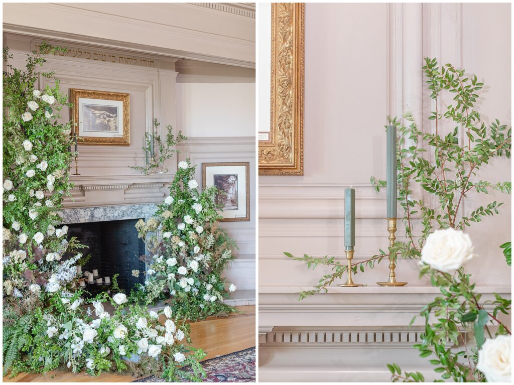 Dual image of the Dining Room at Cairnwood Estate showcasing a dramatic floral installation styled against the historic fireplace, demonstrating how this neutral interior space can be transformed for intentional gatherings or intimate wedding events at a Pennsylvania estate wedding venue.